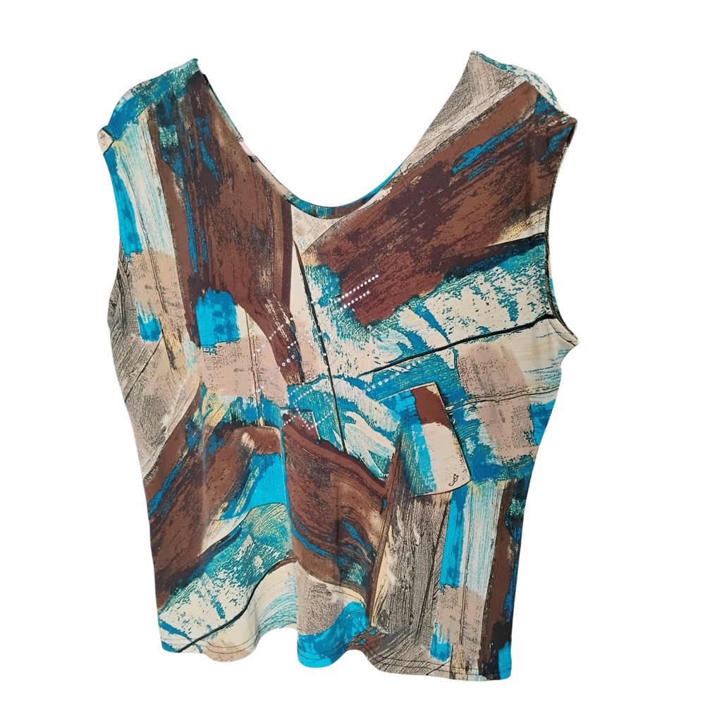 VTG Valentina Abstract Print Tank Top‎ XL Brown Blue Sleeveless Rhinestone